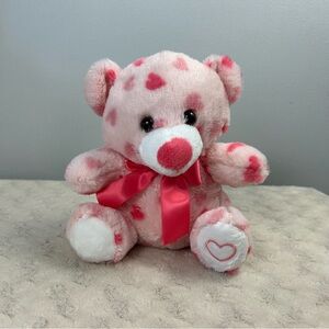 MTY International Pink Hearts Teddy Bear Plush Stuffed Animal Toy White Bow 7"